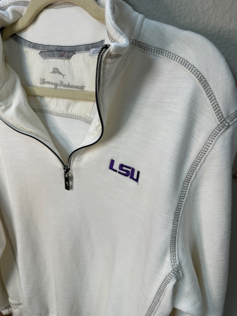 Tommy Bahama off White Quarter-Zip Pullover with Purple LSU Embroidery